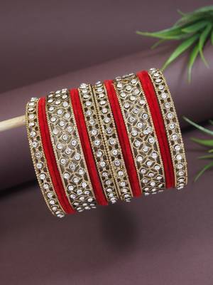 Gold plated traditional royal emerald velvet chuda bangle set kada for bridal/women (red) 1