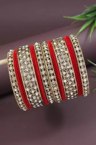 Gold plated traditional royal emerald velvet chuda bangle set kada for bridal/women (red)