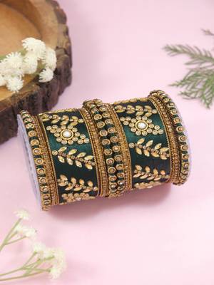 Gold plated traditional silk thread elegant green bangles chuda bangle set for bridal/women (green) 1