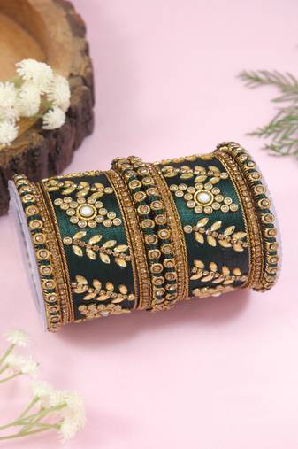 Gold plated traditional silk thread elegant green bangles chuda bangle set for bridal/women (green)