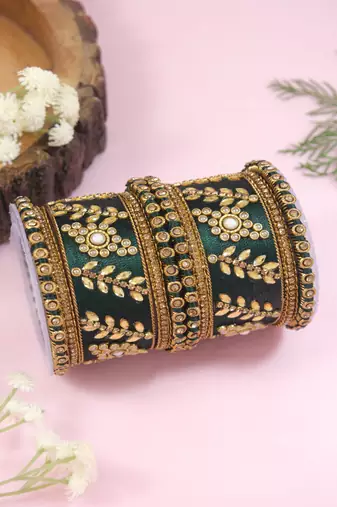 Gold plated traditional silk thread elegant green bangles chuda bangle set for bridal/women (green)