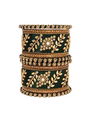 Gold plated traditional silk thread elegant green bangles chuda bangle set for bridal/women (green) 2