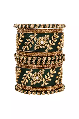 Gold plated traditional silk thread elegant green bangles chuda bangle set for bridal/women (green)