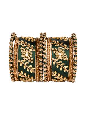 Gold plated traditional silk thread elegant green bangles chuda bangle set for bridal/women (green) 3
