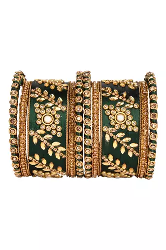 Gold plated traditional silk thread elegant green bangles chuda bangle set for bridal/women (green)