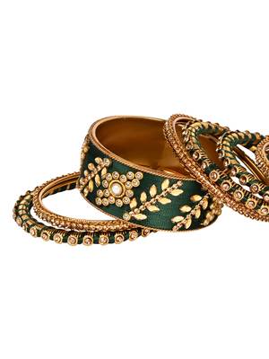 Gold plated traditional silk thread elegant green bangles chuda bangle set for bridal/women (green) 4