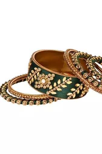 Gold plated traditional silk thread elegant green bangles chuda bangle set for bridal/women (green)
