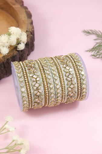 Gold plated traditional silk thread embellishments bangles chuda bangle set for bridal/women (mint)