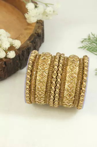 Gold plated traditional silk thread embellishments bangles chuda bangle set for bridal/women (gold)