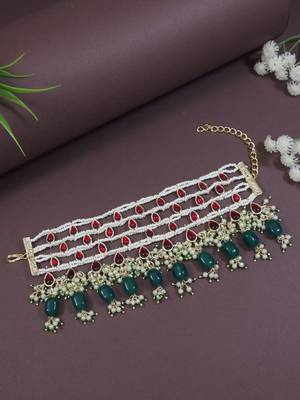 Gold plated traditional pearl beaded adjustable bracelet with stone drops for women (adb559mg) 1