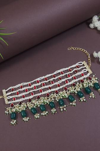 Gold plated traditional pearl beaded adjustable bracelet with stone drops for women (adb559mg)