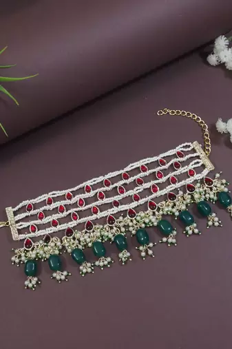 Gold plated traditional pearl beaded adjustable bracelet with stone drops for women (adb559mg)