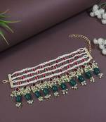 Gold plated traditional pearl beaded adjustable bracelet with stone drops for women (adb559mg)