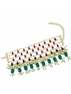 Gold plated traditional pearl beaded adjustable bracelet with stone drops for women (adb559mg) 2