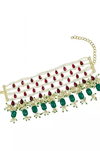 Gold plated traditional pearl beaded adjustable bracelet with stone drops for women (adb559mg)