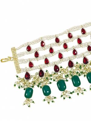 Gold plated traditional pearl beaded adjustable bracelet with stone drops for women (adb559mg) 3
