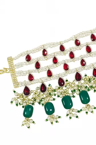 Gold plated traditional pearl beaded adjustable bracelet with stone drops for women (adb559mg)