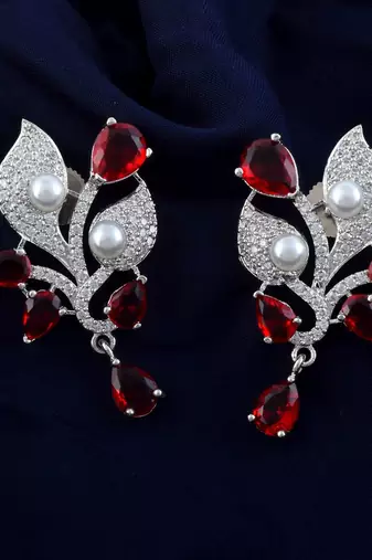 Red color american diamond earrings