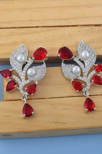Red color american diamond earrings