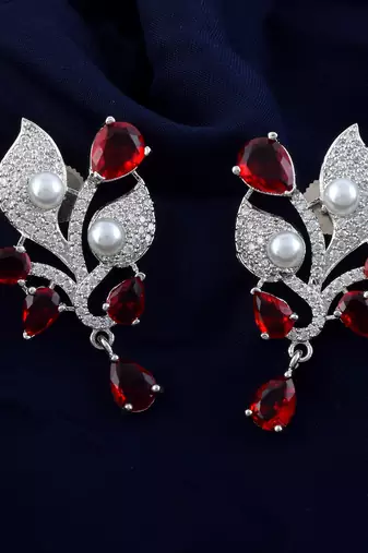 Red color american diamond earrings