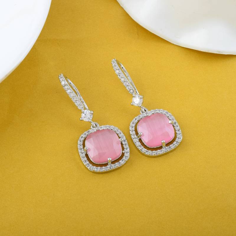 Pink color american diamond earrings