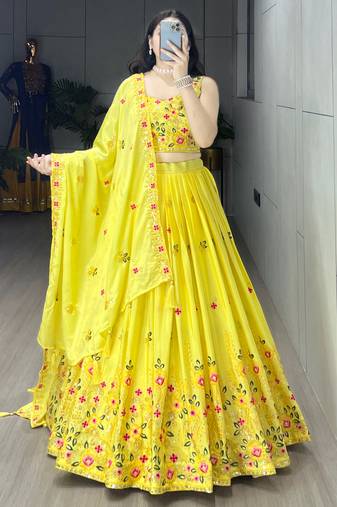Yellow embroidery thread and sequence Work Chinon Slub Lehenga With Un-Stitched Blouse