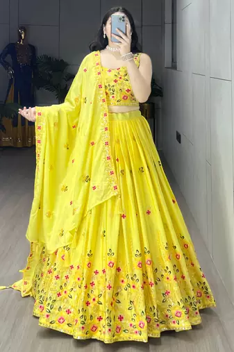 Yellow embroidery thread and sequence Work Chinon Slub Lehenga With Un-Stitched Blouse
