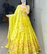 Yellow embroidery thread and sequence Work Chinon Slub Lehenga With Un-Stitched Blouse