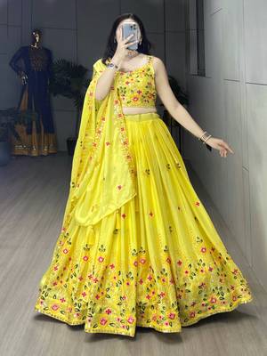 Yellow embroidery thread and sequence Work Chinon Slub Lehenga With Un-Stitched Blouse 2