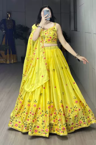 Yellow embroidery thread and sequence Work Chinon Slub Lehenga With Un-Stitched Blouse