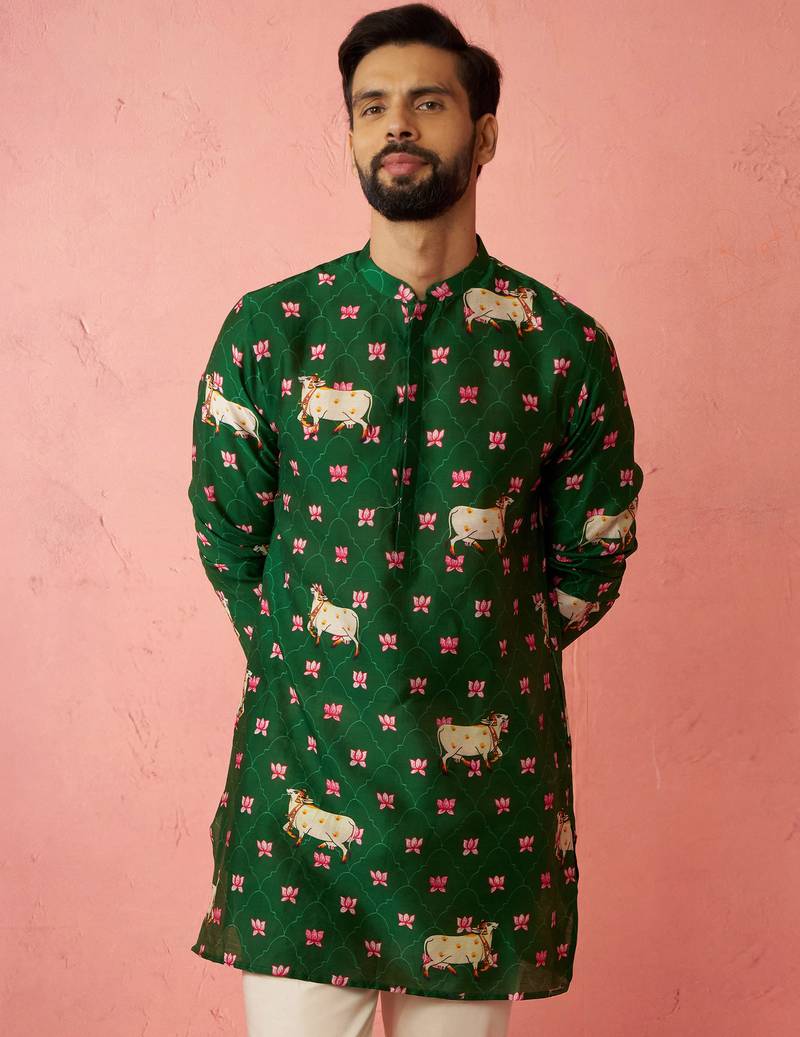 green digital print kurta - animal floral design ethnic wear
