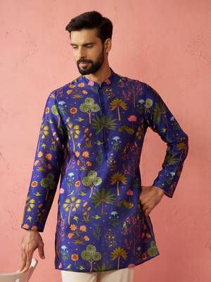 Blue Digital Print Kurta - Floral Tropical Design Ethnic Wear 1