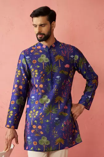 Blue Digital Print Kurta - Floral Tropical Design Ethnic Wear