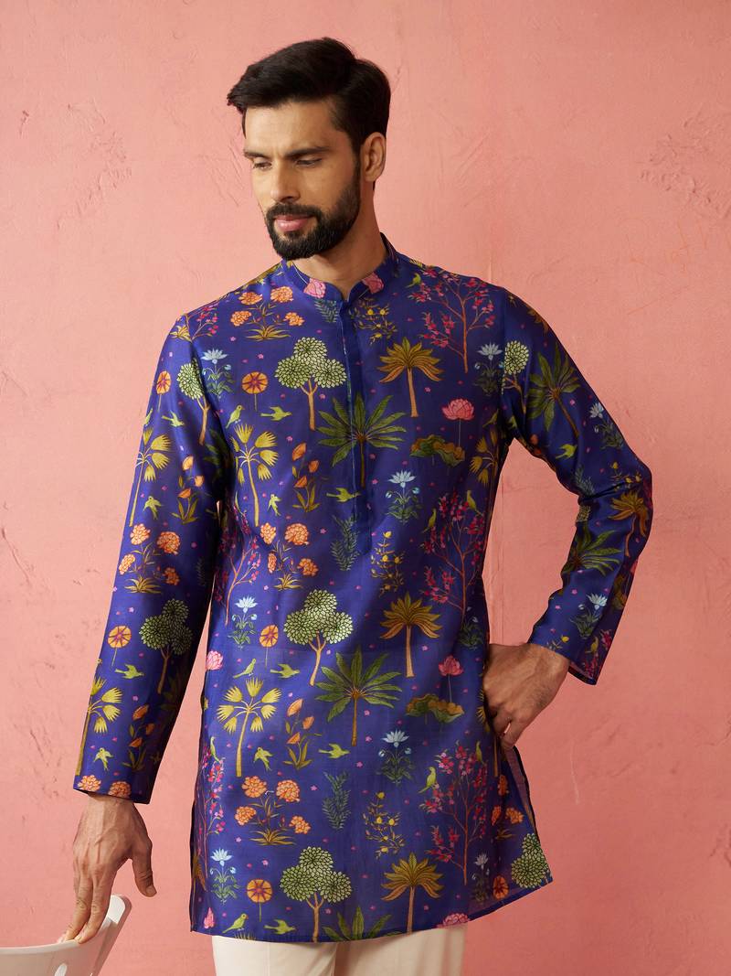 Blue Digital Print Kurta - Floral Tropical Design Ethnic Wear