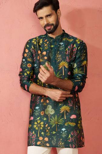 bottle green digital print kurta - floral tropical ethnic wear