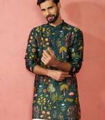 bottle green digital print kurta - floral tropical ethnic wear