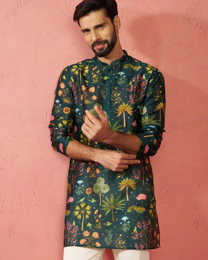 bottle green digital print kurta - floral tropical ethnic wear
