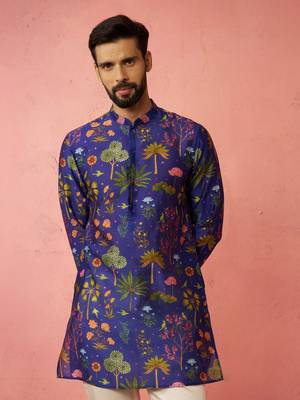 Blue Digital Print Kurta - Floral Tropical Design Ethnic Wear 3