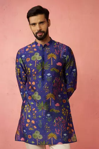 Blue Digital Print Kurta - Floral Tropical Design Ethnic Wear