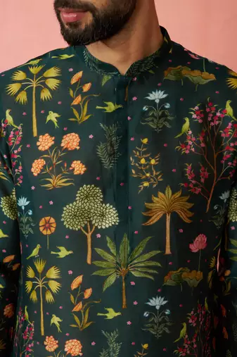 bottle green digital print kurta - floral tropical ethnic wear