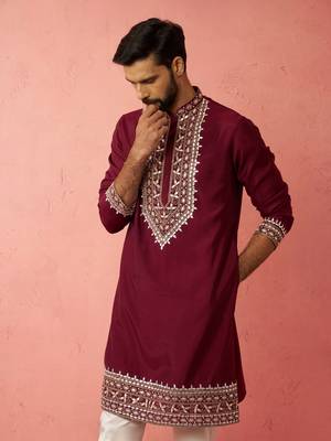 wine modal chanderi kurta - wedding embroidered ethnic wear 1