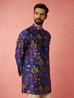 Blue Digital Print Kurta - Floral Tropical Design Ethnic Wear 4