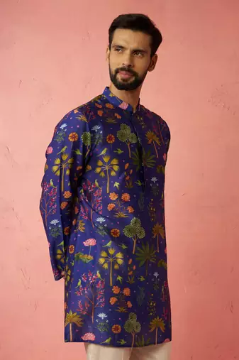 Blue Digital Print Kurta - Floral Tropical Design Ethnic Wear