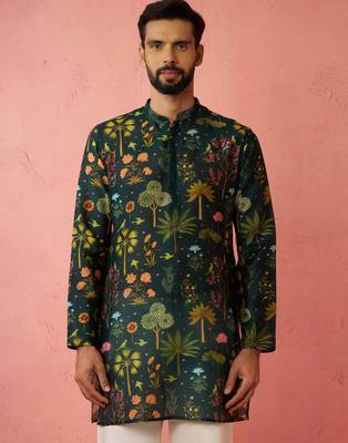 bottle green digital print kurta - floral tropical ethnic wear 3