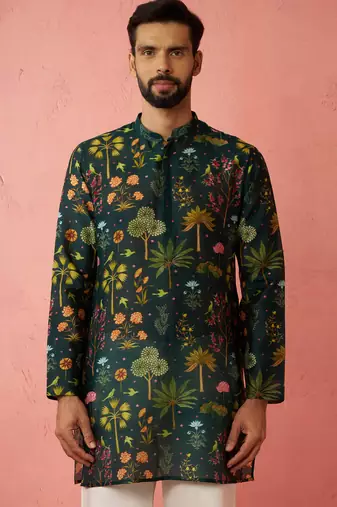bottle green digital print kurta - floral tropical ethnic wear