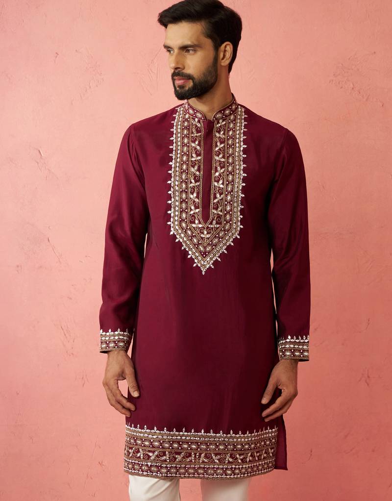 wine modal chanderi kurta - wedding embroidered ethnic wear