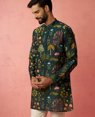 bottle green digital print kurta - floral tropical ethnic wear 4