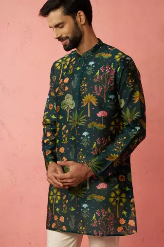 bottle green digital print kurta - floral tropical ethnic wear