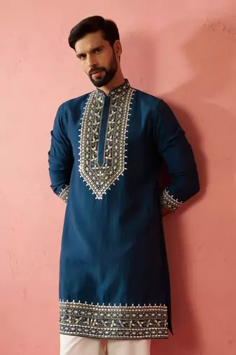 Turquoise Green Modal Chanderi Kurta - Wedding Embroidered Ethnic Wear