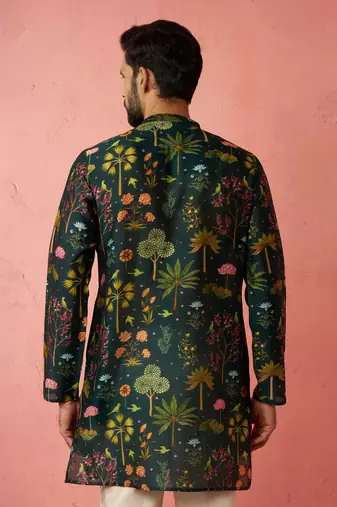 bottle green digital print kurta - floral tropical ethnic wear